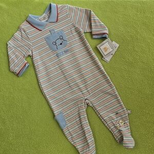 NWT 6-9M POOH BEAR FOOTIE Striped Cotton Blue & Red Baby BOYS Walt Disney (Q4)